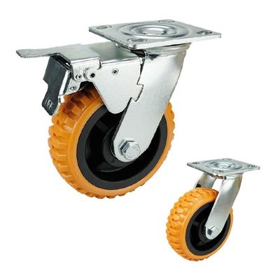 Orange 125mm PU Heavy Duty Casters With Brakes For Trolleys