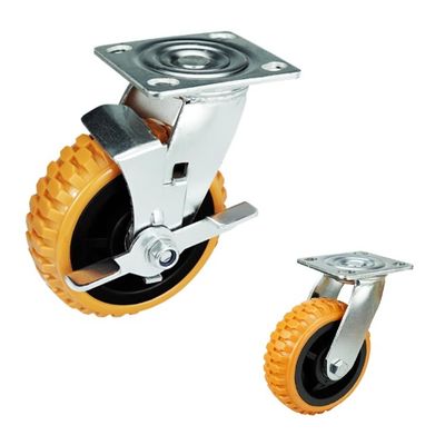 Orange 125mm PU Heavy Duty Casters With Brakes For Trolleys