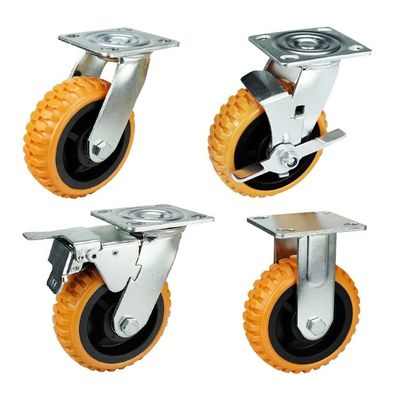 Orange 125mm PU Heavy Duty Casters With Brakes For Trolleys