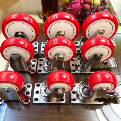 5 inch hạng trung bình PU màu đỏ khóa xoay Bánh xe bằng thép không gỉ có nắp che bụi